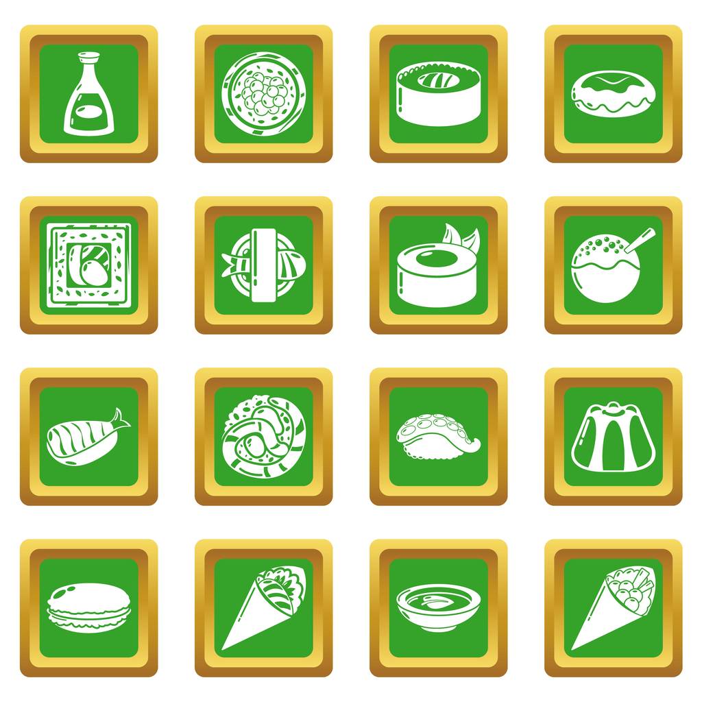日本の食品のアイコンのセット緑正方形ベクトル - ベクター画像
