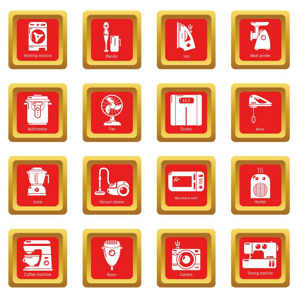 Aparatos domésticos iconos conjunto rojo cuadrado vector
 - Vector, imagen