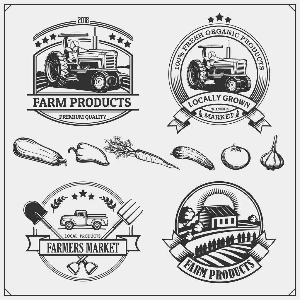 農民市場エンブレム、ロゴ、ラベルのセットです。ベクトル図. - ベクター画像