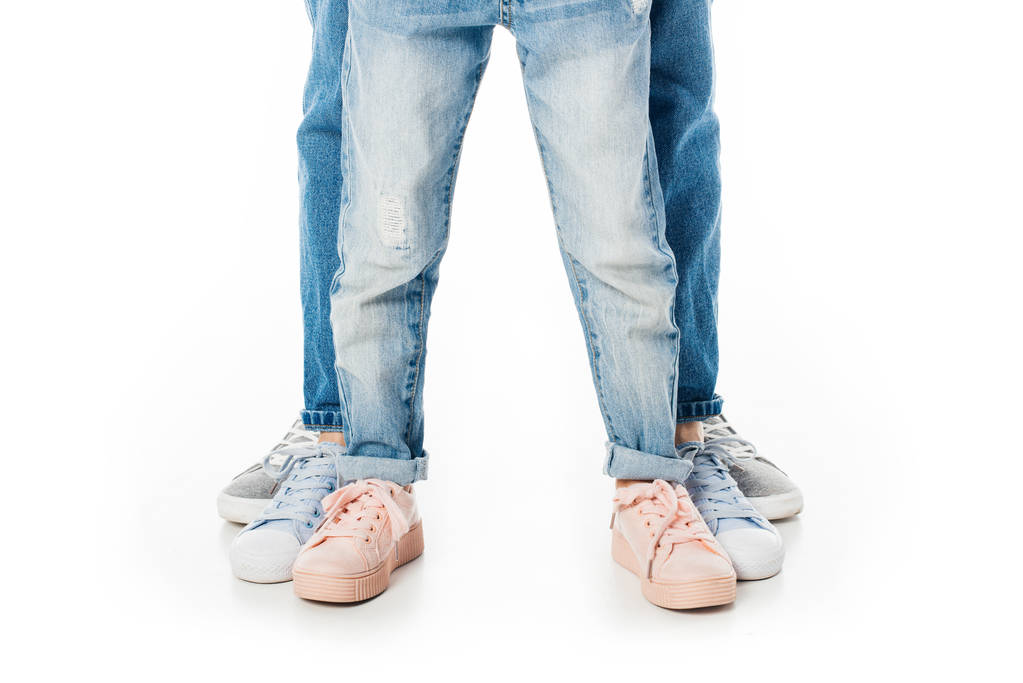 partial view of family in jeans standing isolated on white - Photo, Image