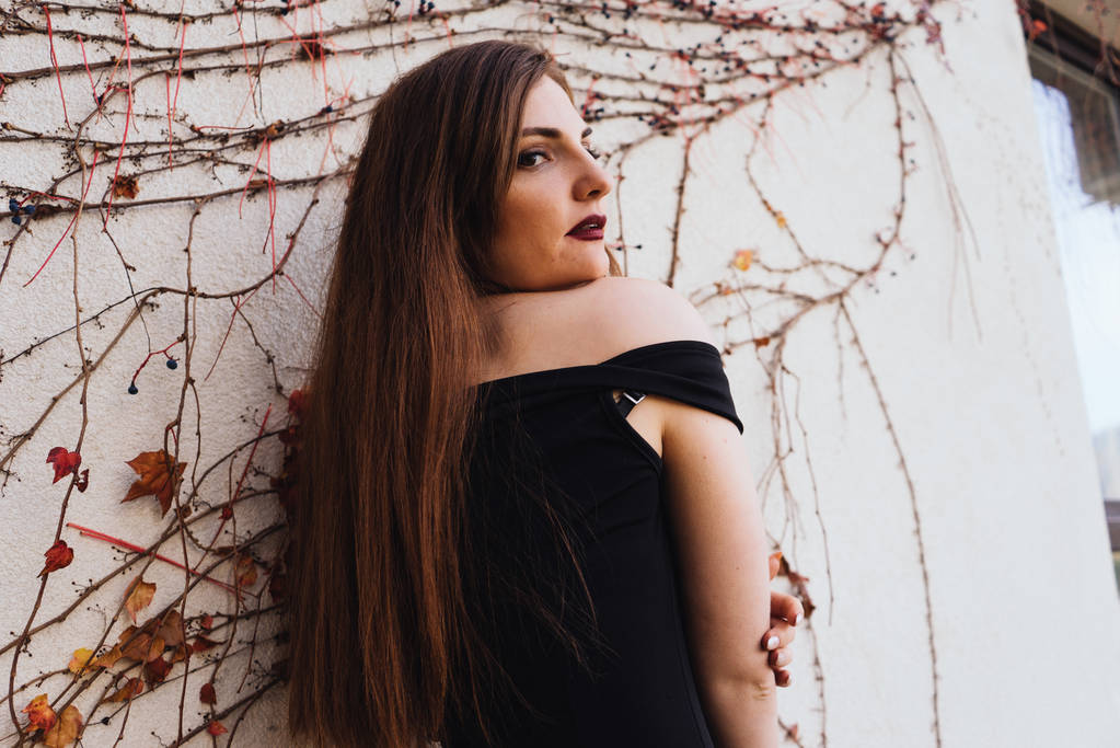 luxurious long-haired woman in a black dress posing against a wall in her park - Photo, Image