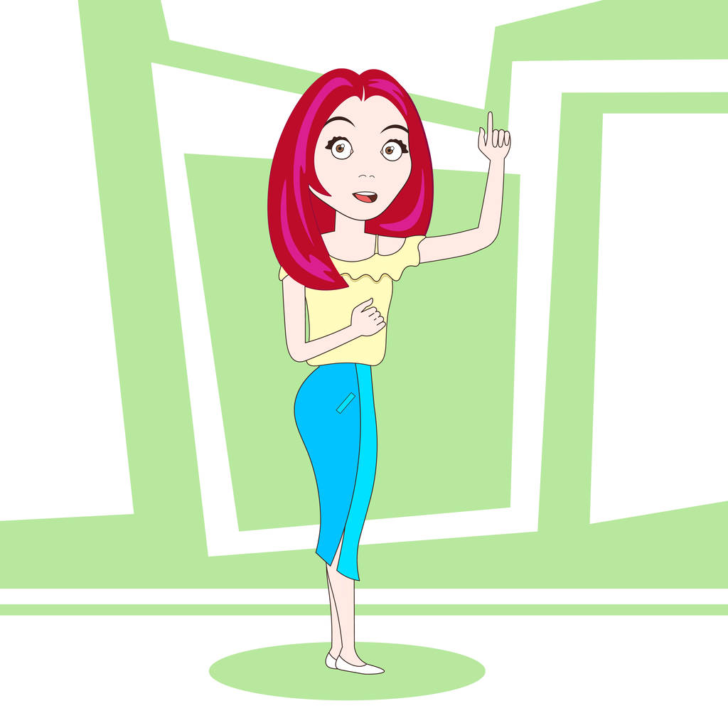 Cute Young Woman In Fashion Clothes Point Finger Up Cartoon Character - Vector, Image