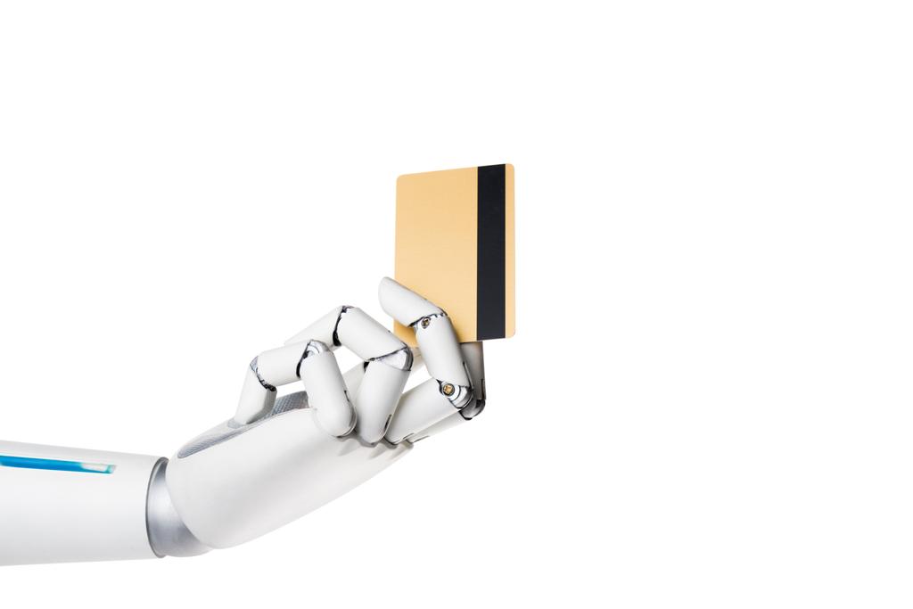 robot mano celebración tarjeta de crédito aislado en blanco
 - Foto, Imagen