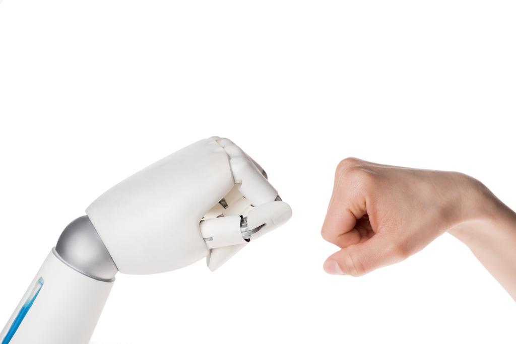 обрізаний знімок робота і людини, що робить жест брови ізольовано на білому
 - Фото, зображення