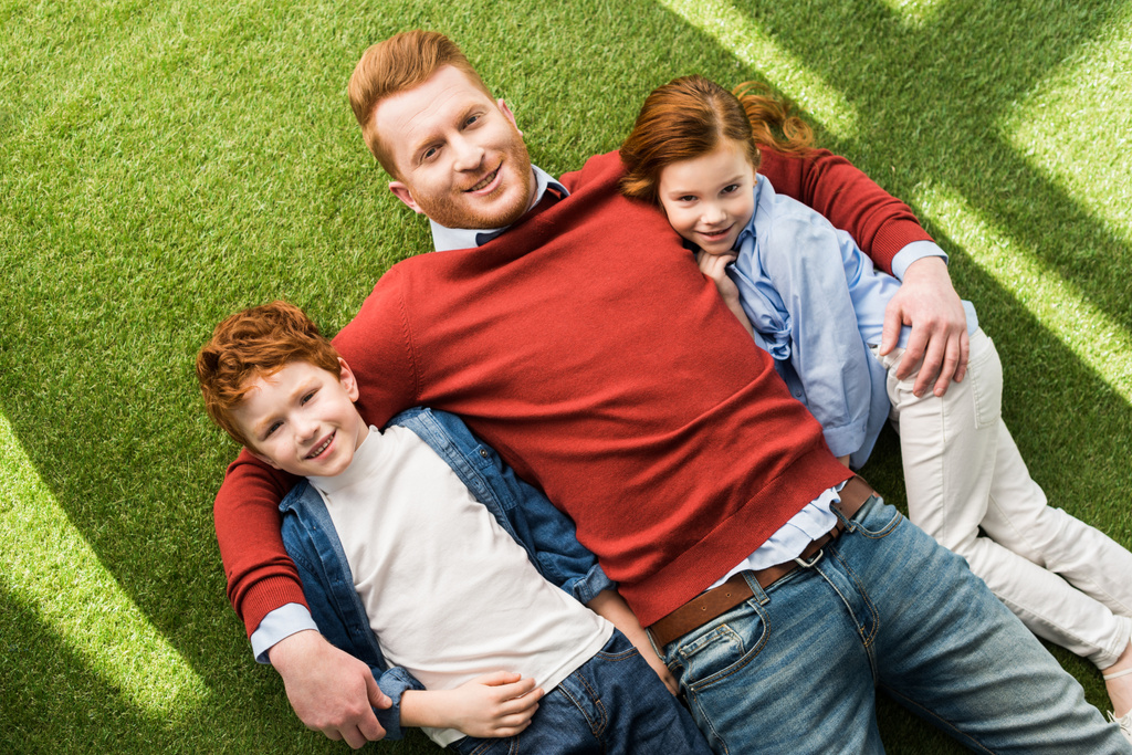 Ansicht von oben: glücklicher Vater mit entzückenden kleinen Kindern, die zusammen im Gras liegen und in die Kamera lächeln - Foto, Bild