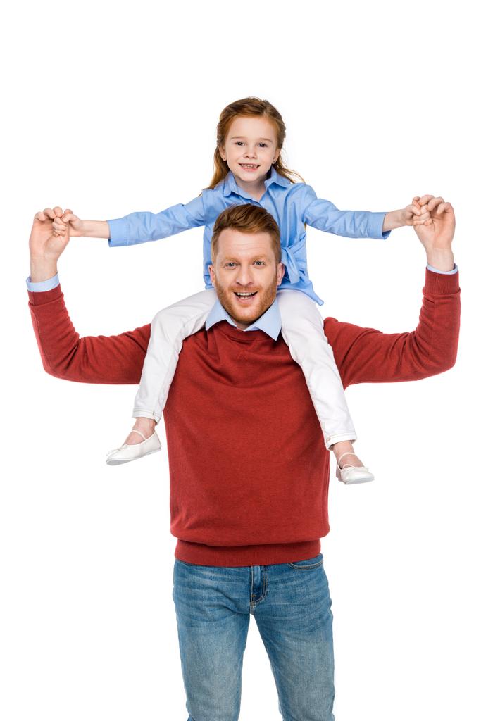 boldog apa és lánya kezét és mosolyogva elszigetelt fehér kamera - Fotó, kép