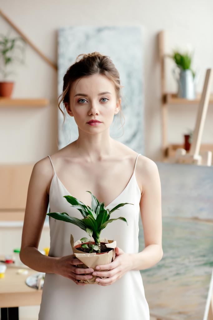 krásná mladá zpěvačka drží zelené v květináči a při pohledu na fotoaparát - Fotografie, Obrázek