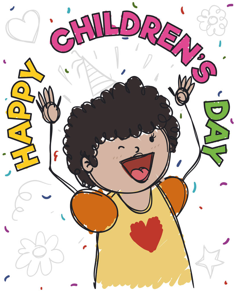 Feliz chica morena celebrando el día de los niños con confeti, ilustración vectorial
 - Vector, imagen