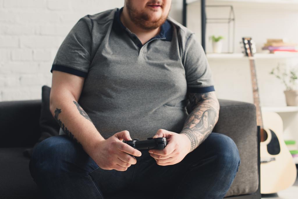 Cropped image of size plus man playing video game at home - Photo, Image