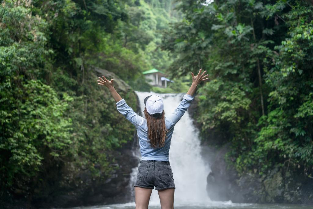 vista posteriore della donna con braccia tese con cascata di Aling-Aling sullo sfondo, Bali, Indonesia
 - Foto, immagini