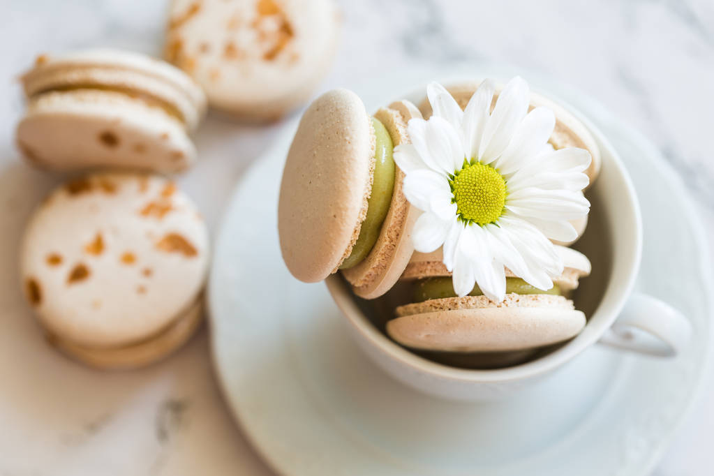 Makronen, Makkaronenkuchen in weißer Tasse mit Kamille - Foto, Bild