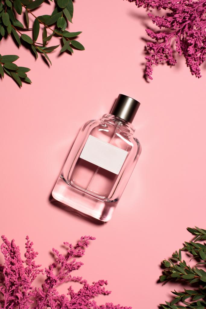 вид сверху на бутылку духов с цветами и листьями на розовой поверхности
 - Фото, изображение