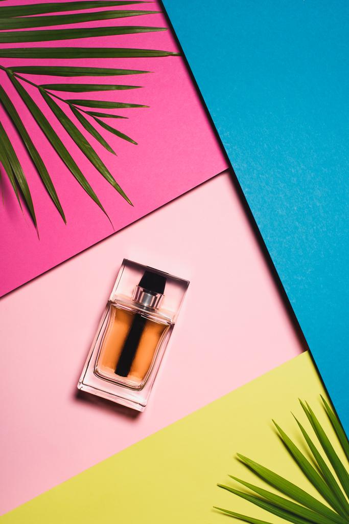 Draufsicht auf eine Flasche Parfüm auf farbenfroher Oberfläche mit Palmblättern - Foto, Bild