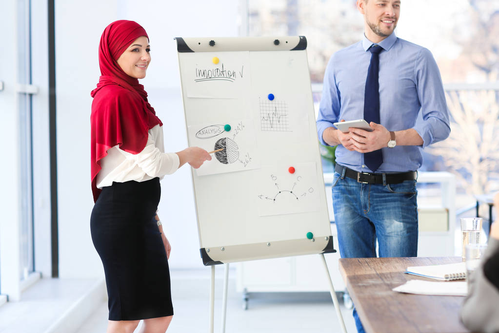 Muslimische Geschäftsfrau und ihr Mitarbeiter zeigen Präsentation über Treffen - Foto, Bild