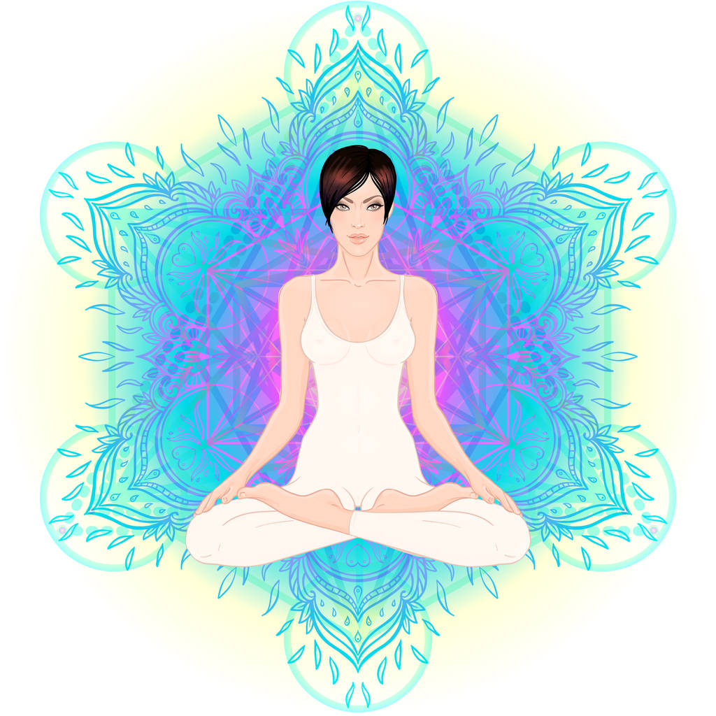 Mujer joven sentada en pose de loto con mandala adornado en el fondo
 - Vector, Imagen