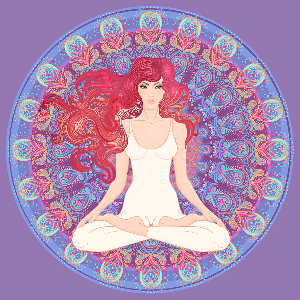 Mujer joven sentada en pose de loto con mandala adornado en el fondo
 - Vector, imagen