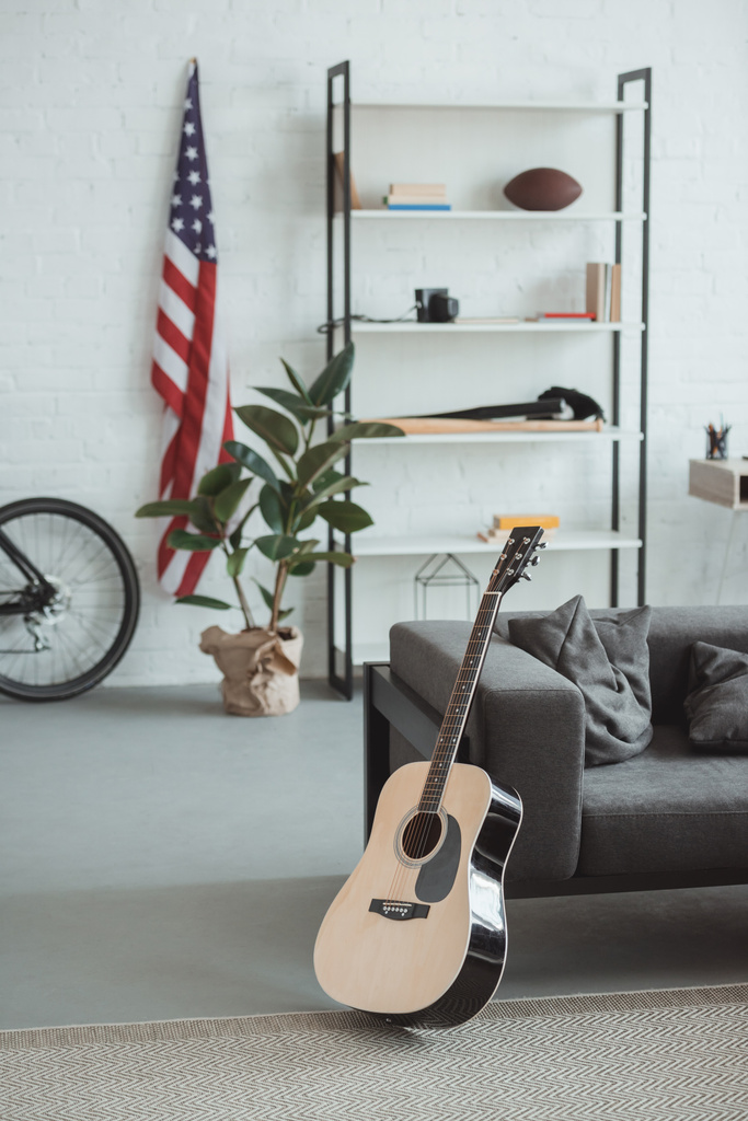 sisustus moderni olohuone Amerikan lippu, hyllyt, ruukkukasvi, kitara ja nojatuoli
  - Valokuva, kuva