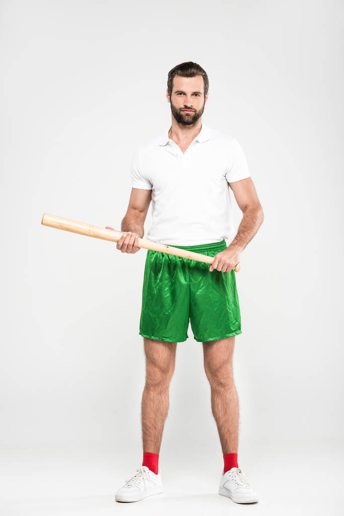 handsome sportsman holding baseball bat, isolated on grey - Photo, Image