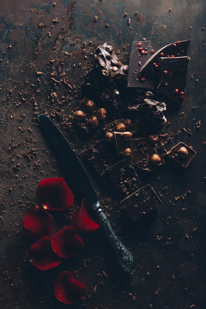 κάτοψη του νόστιμα κομμάτια σοκολάτας με ξηρούς καρπούς, vintage μαχαίρι και κόκκινο ροδοπέταλα στην σκοτεινή επιφάνεια  - Φωτογραφία, εικόνα