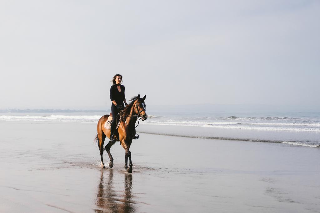 kobieta na koniu na piaszczystej plaży, z widokiem na ocean za - Zdjęcie, obraz