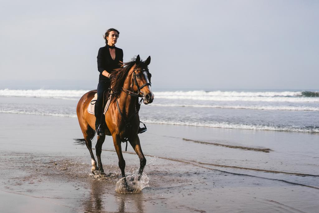 νεαρή γυναίκα ιππασία με κυματιστή ωκεανό πίσω από  - Φωτογραφία, εικόνα