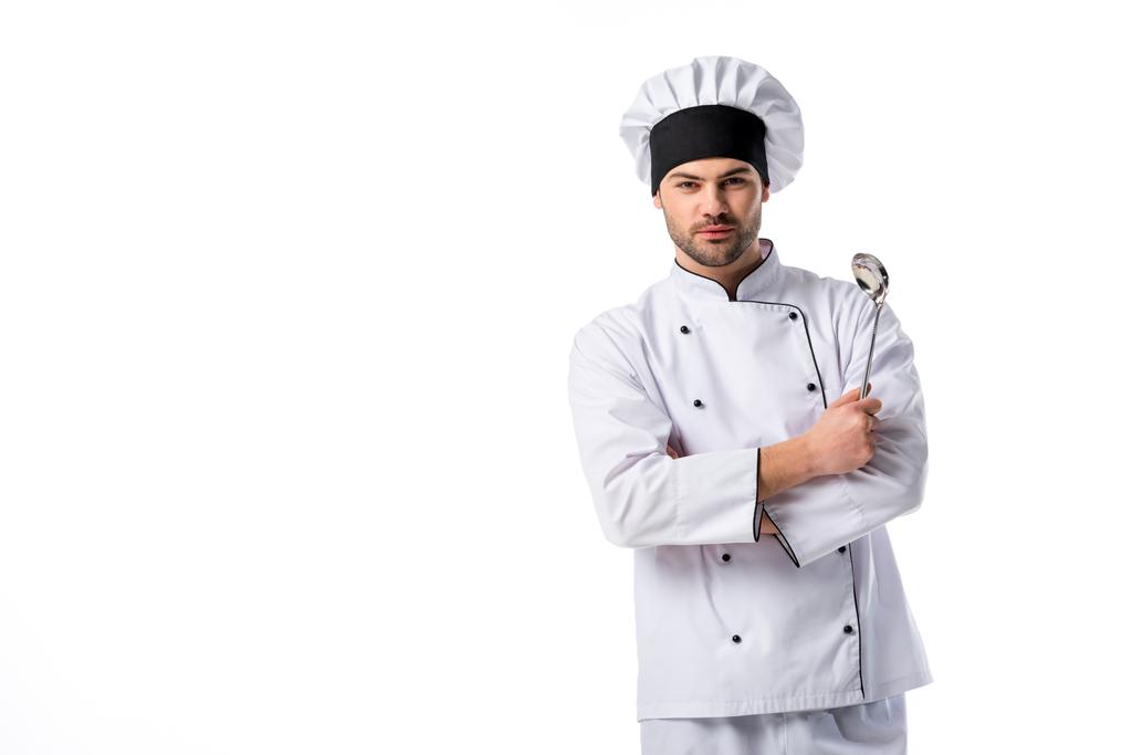 Portret van chef-kok met soep ladle girosaldi geïsoleerd op wit - Foto, afbeelding