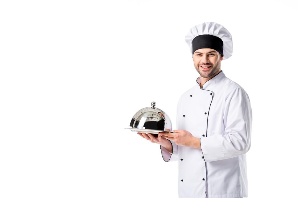 muotokuva nuori kokki kanssa tarjotin eristetty valkoinen
 - Valokuva, kuva