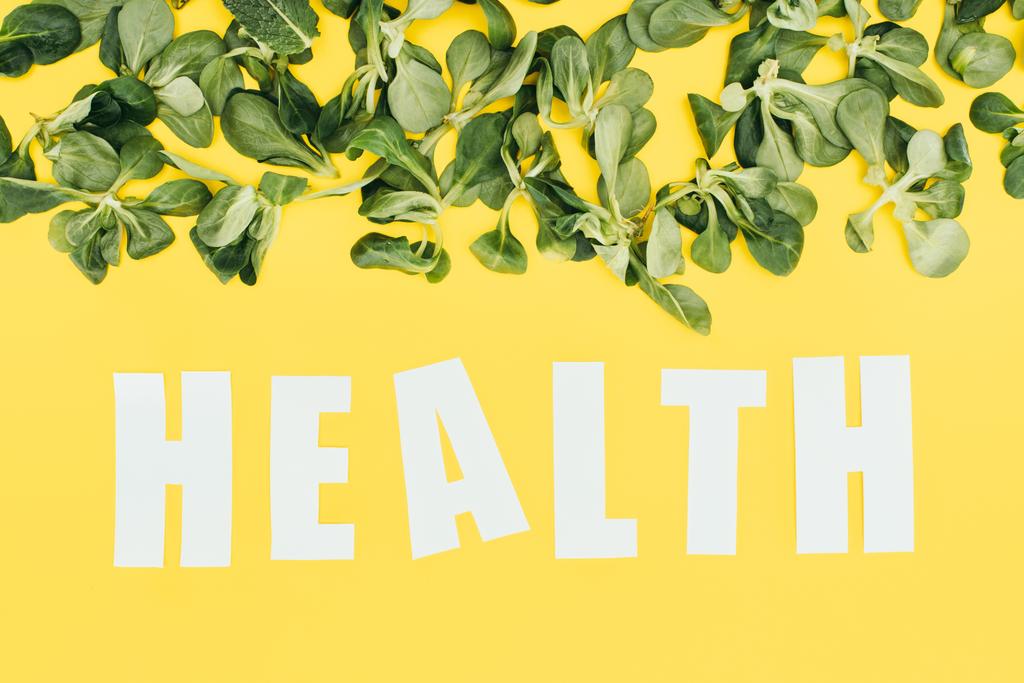 όμορφα πράσινα φύλλα και επιγραφή υγείας στο κίτρινο  - Φωτογραφία, εικόνα