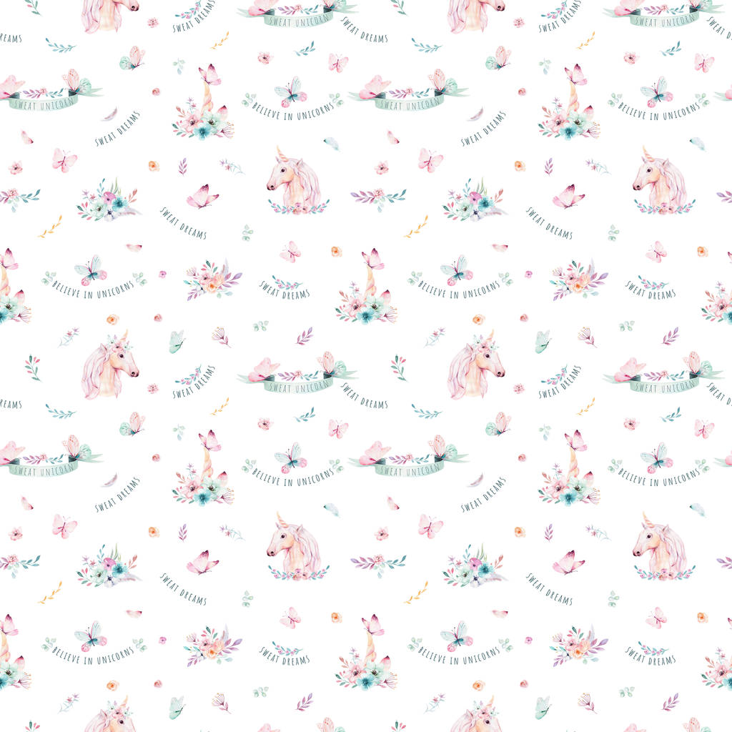 Lindo patrón sin costura unicornio acuarela con flores aisladas sobre fondo blanco
 - Foto, Imagen