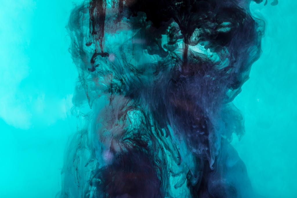 background with dark blue swirls of paint in turquoise water - Photo, Image