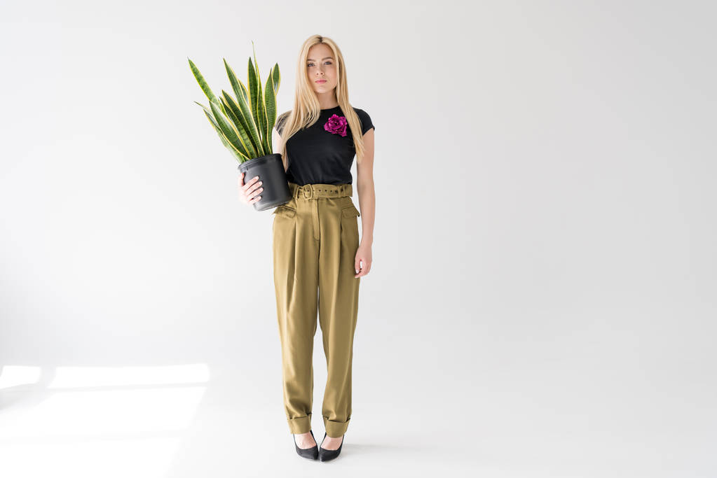 full length view of stylish blonde girl holding potted plant and looking at camera on grey - Photo, Image