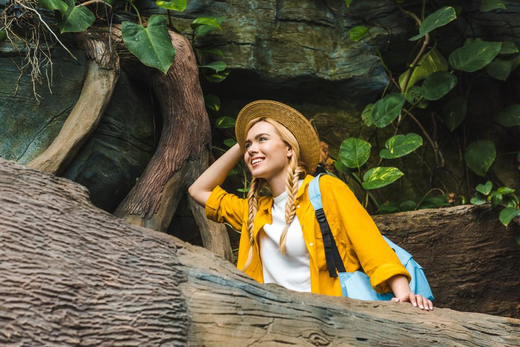 Alt görünümü hasır şapka orman tarafından yürüyüş içinde gülümseyen genç kadın - Fotoğraf, Görsel