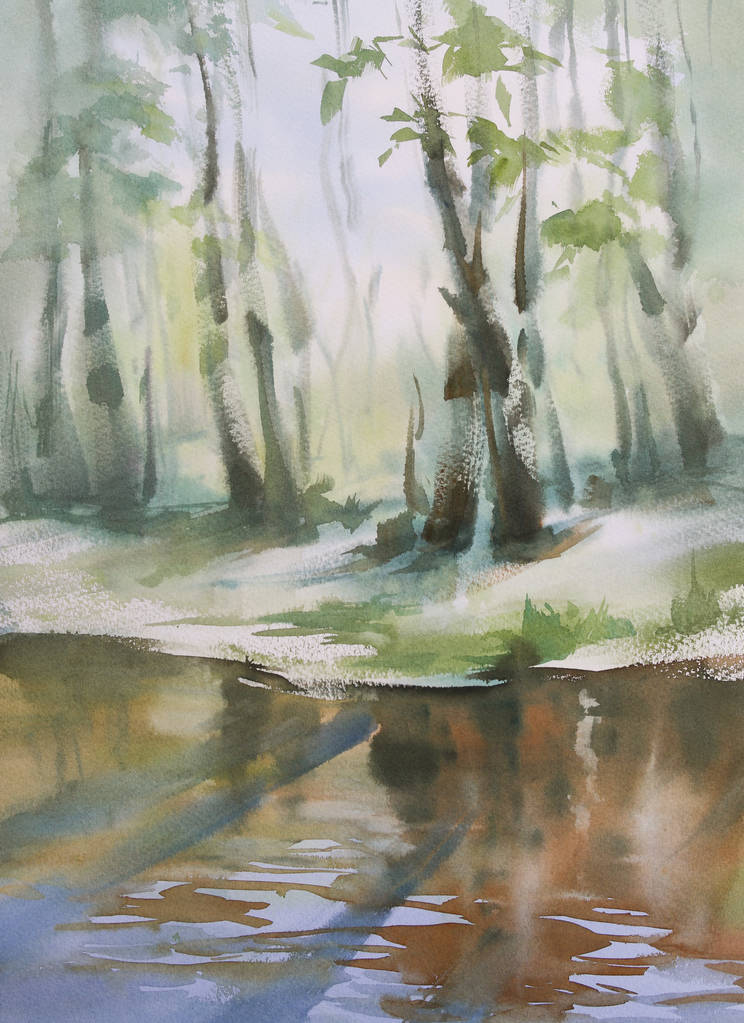 paisagem de primavera com uma aquarela de rio
 - Foto, Imagem