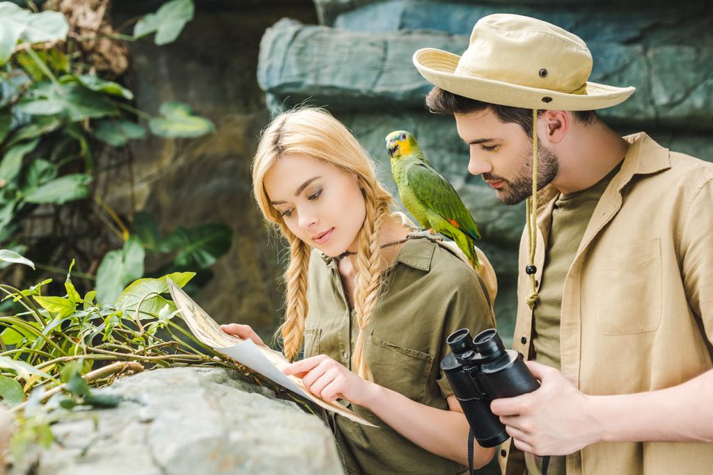 attrayant jeune couple en combinaison safari avec perroquet essayant de naviguer dans la jungle
 - Photo, image