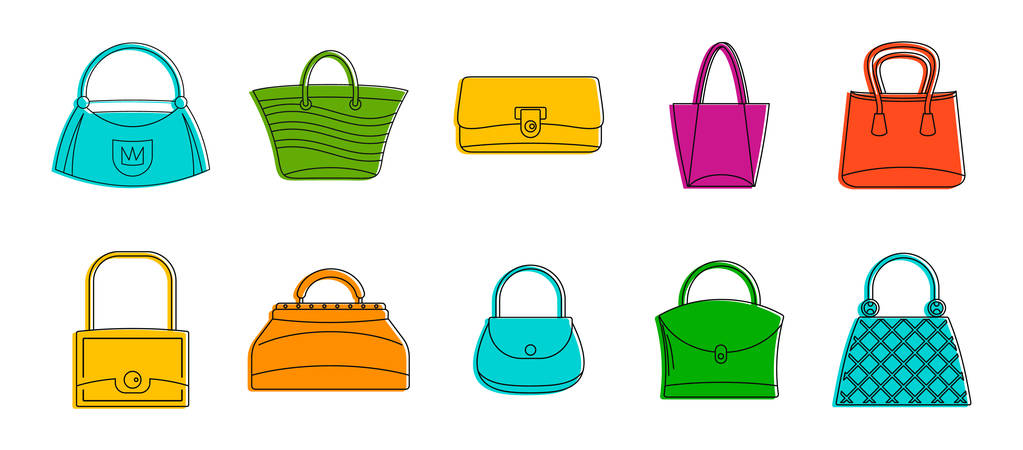 女性バッグ アイコン セット、カラー アウトラインのスタイル - ベクター画像