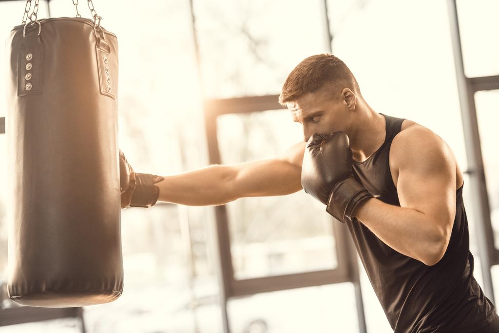muscular young boxer training with punching bag in gym  - Photo, Image