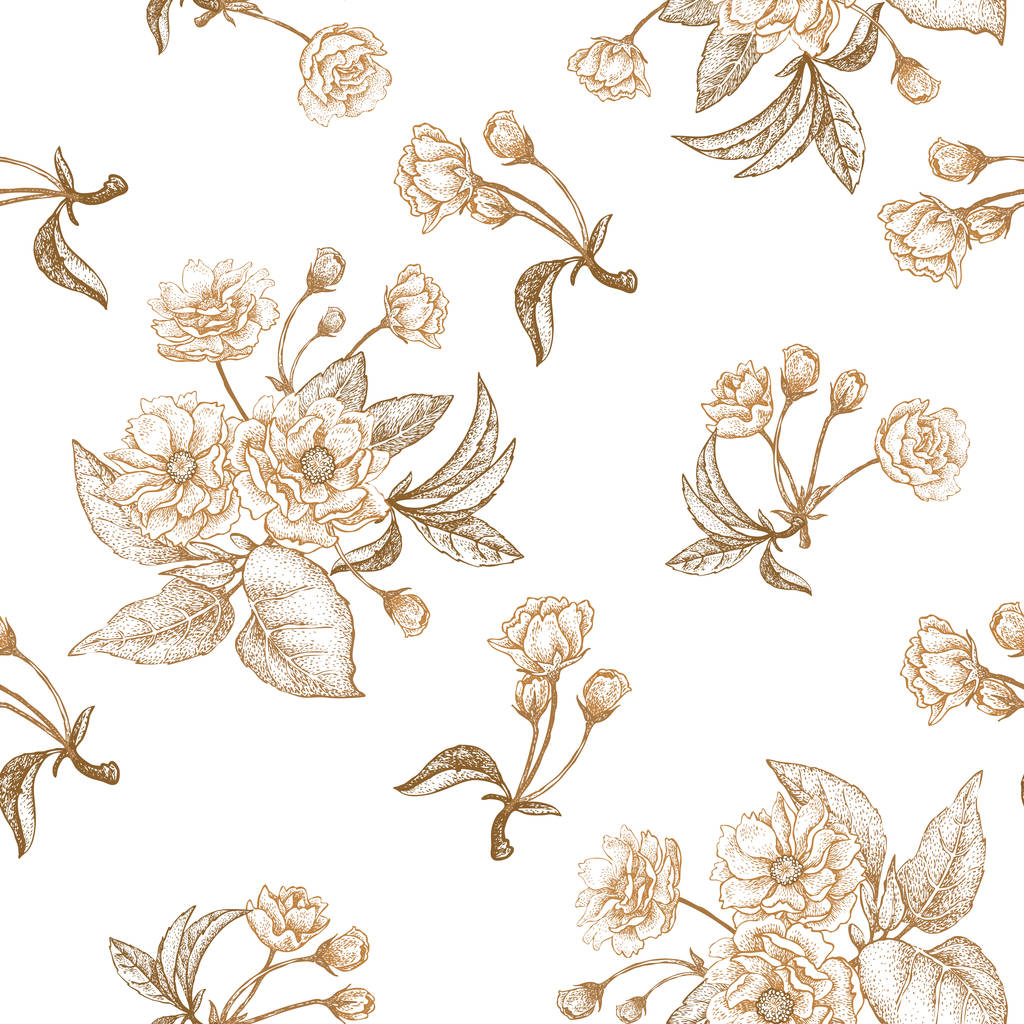 Bordado dourado em um fundo branco. Ilustração vetorial baseada nos tecidos de luxo chineses. Desenho à mão de uma árvore de ameixa florescente, flores, ramos e folhas. Vindima
. - Vetor, Imagem