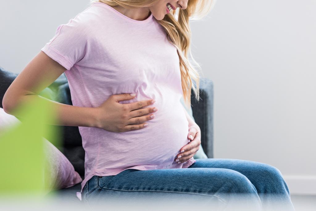 image recadrée d'une femme enceinte souriante assise sur un canapé et touchant le ventre
 - Photo, image
