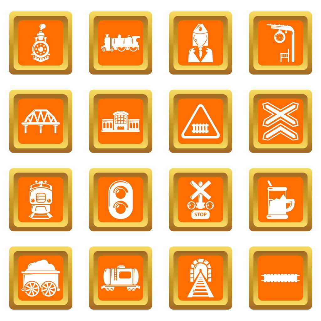 Train railroad icons set orange square vector - Vector, Image