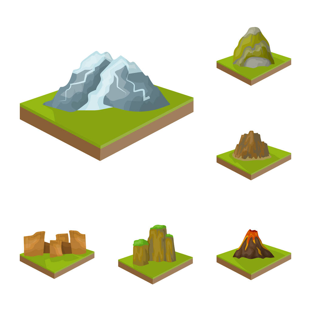 Montagnes, icônes massives de dessin animé dans la collection de jeu pour le design. La surface de la terre vecteur isométrique symbole stock web illustration
. - Vecteur, image