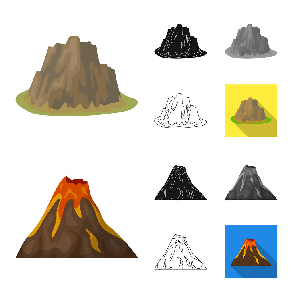 Different mountains cartoon,black,flat,monochrome,outline icons in set collection for design.Mountains and landscape vector symbol stock web illustration. - Vector, Image