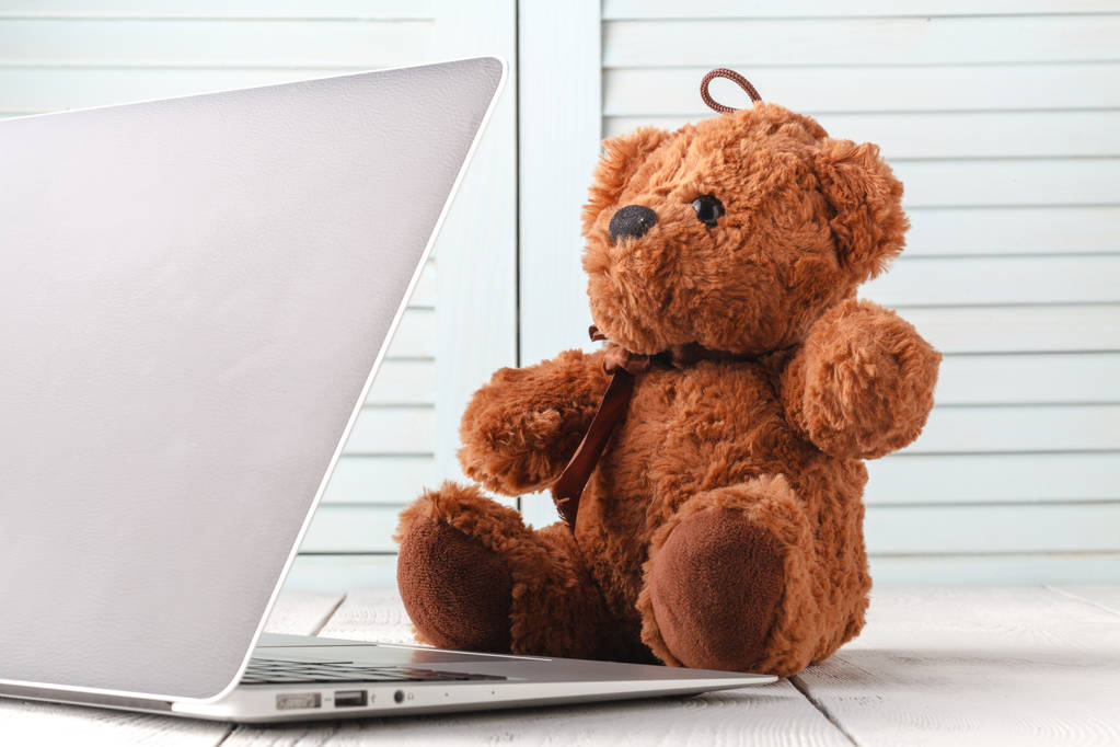 Teddy Beer en moderne zilveren laptop - Foto, afbeelding