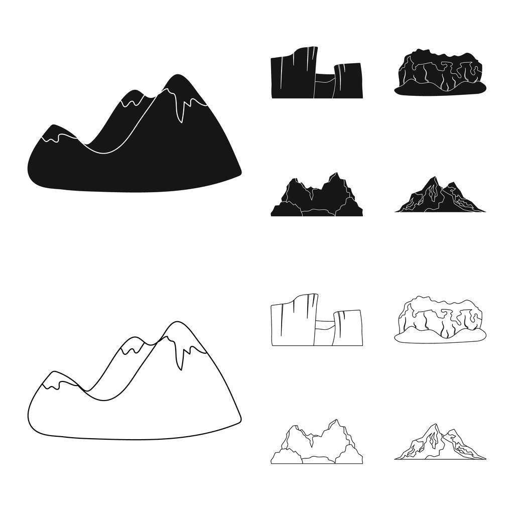 Καταπράσινα βουνά με το χιόνι κορυφές, ένα φαράγγι, βράχια με δάση, μια λιμνοθάλασσα και βράχια. Διάφορα βουνά στεγάζεται συλλογή εικονιδίων σε μαύρο, περίγραμμα στυλ διάνυσμα σύμβολο απόθεμα ενδεικτικά web. - Διάνυσμα, εικόνα