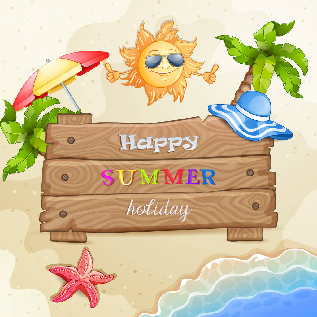 Elementos de verano vacaciones con pancarta de madera
 - Vector, imagen
