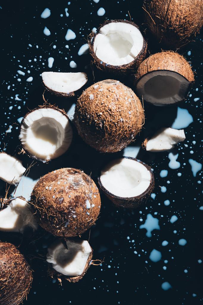 vista dall'alto di noci di cocco e latte di cocco saporito fresco su nero
    - Foto, immagini