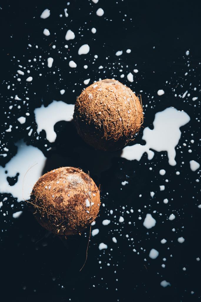bovenaanzicht van biologische kokosnoten en verse gezonde kokosmelk op zwart    - Foto, afbeelding