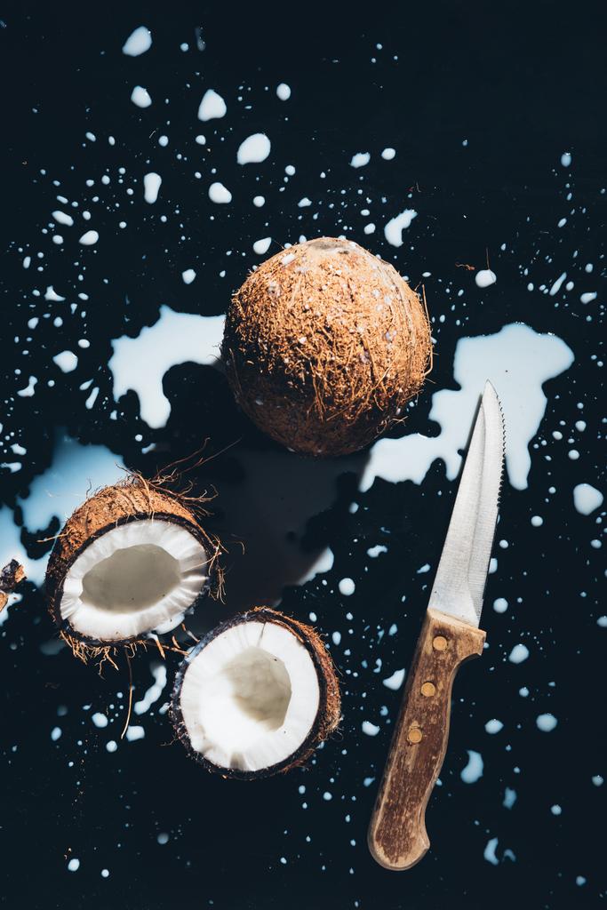 vista superior de cocos, cuchillo y leche de coco en negro
   - Foto, imagen