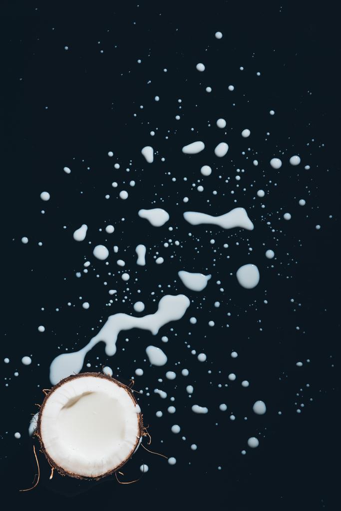 вид сверху на половину кокоса и свежее кокосовое молоко на черном
 - Фото, изображение