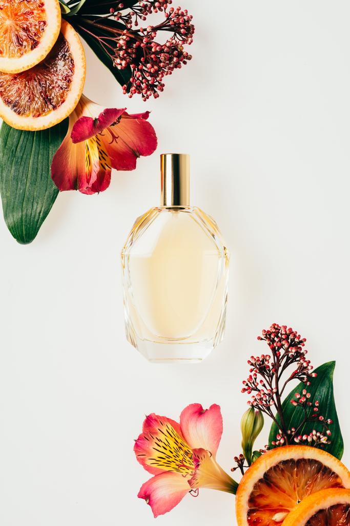 κάτοψη του γυάλινο μπουκάλι αρωματικό άρωμα με διάφορα λουλούδια και γκρέιπφρουτ φέτες που απομονώνονται σε λευκό - Φωτογραφία, εικόνα