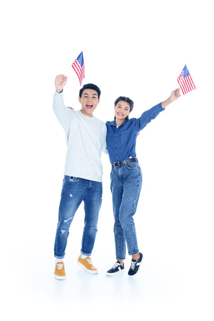 teenage students with usa flags isolated on white - Photo, Image